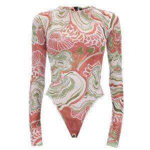NWT Andrea Iyamah Elle Mesh Long‎ Sleeve Leotard Bodysuit Back Zipper Coral S